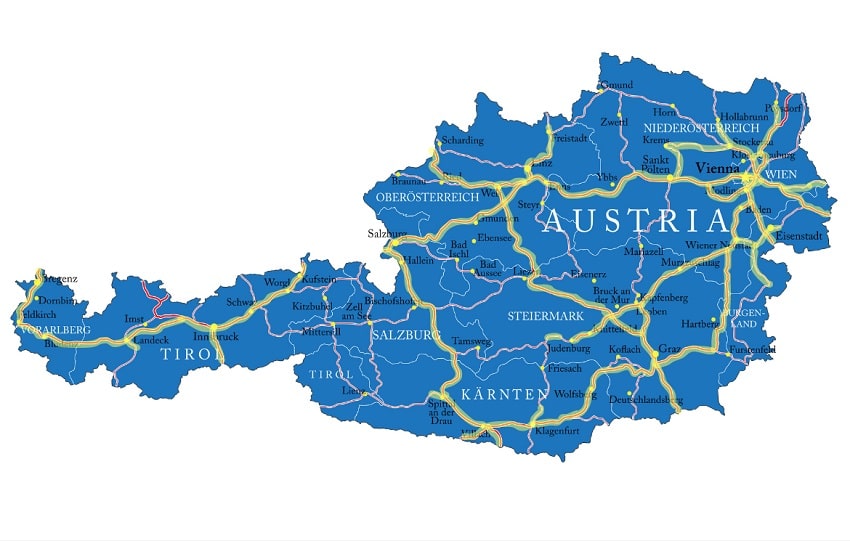 Płatne autostrady w Austrii mapa