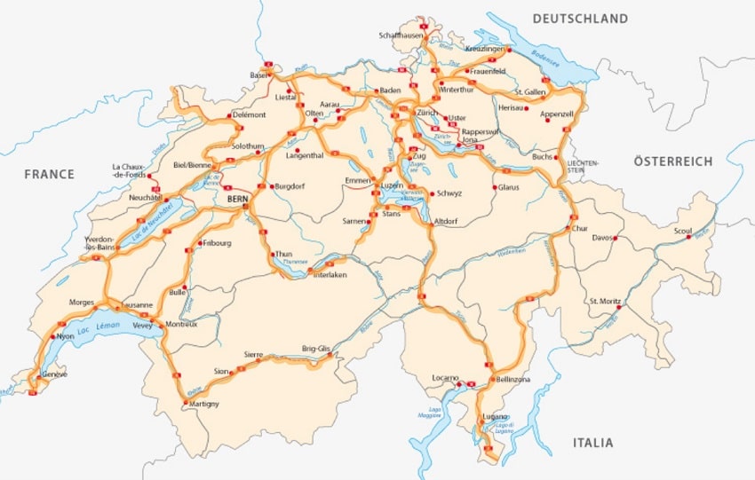 Mautfreie und Mautstraßen Schweiz Karte
